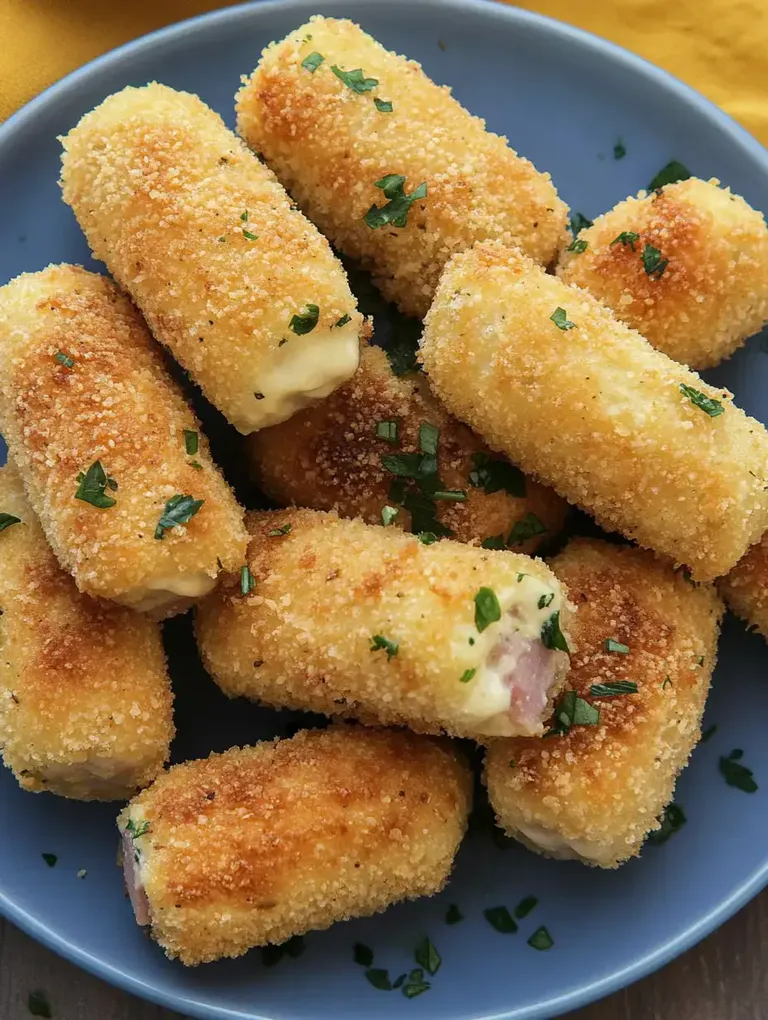 Auf einem blauen Teller liegen goldbraun panierte und frittierte Rolle, die mit Kräutern garniert sind.