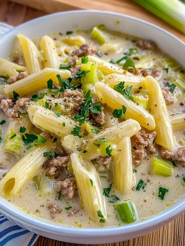 Eine Schüssel mit Rigatoni-Nudeln in einer cremigen Sauce, garniert mit Hackfleisch und frischen Frühlingszwiebeln.