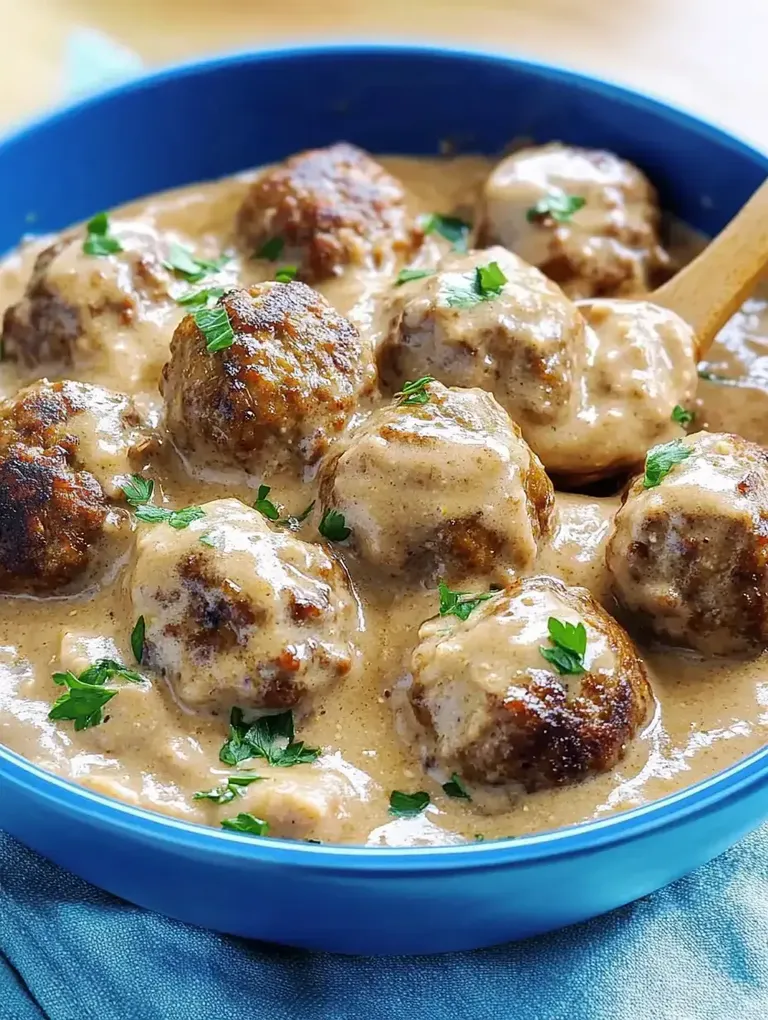 Eine Schüssel mit Fleischbällchen in einer cremigen Sauce, garniert mit frischer Petersilie.