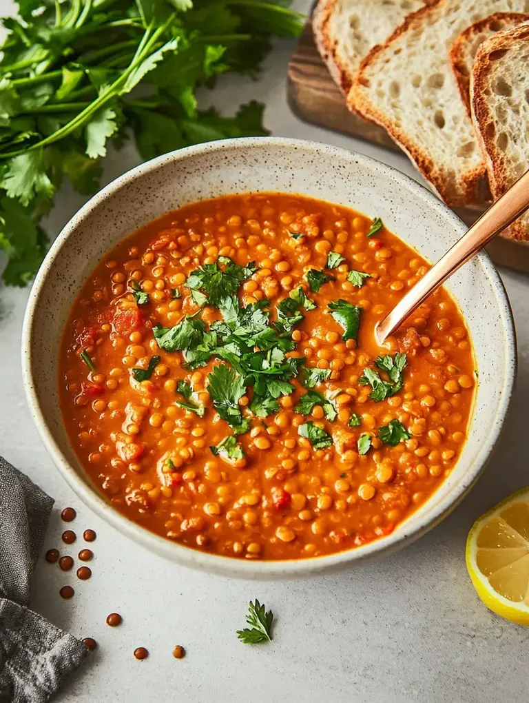Eine Schüssel mit Linsensuppe, garniert mit frischem Koriander, daneben gibt es Brot und eine Zitronenscheibe.
