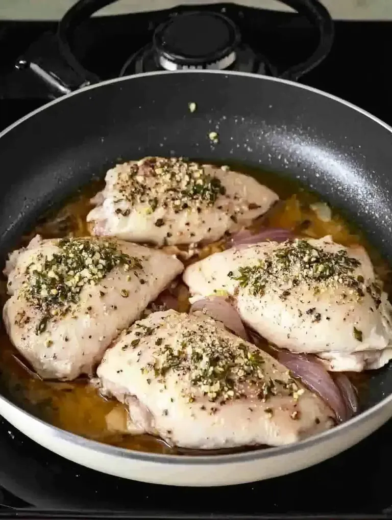 In einer Pfanne braten vier Hähnchenbruststücke mit Gewürzen und Zwiebelstücken.