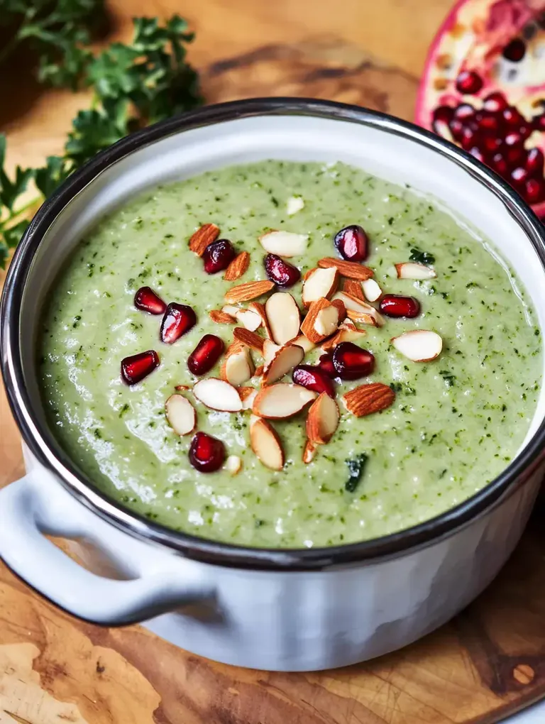 Ein Schüssel mit grüner Suppe, garniert mit Mandelscheiben und Granatapfelkernen, steht auf einem Holzbrett.