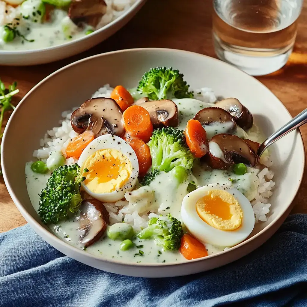 Eine Schüssel mit Reis, einem weich gekochten Ei, Brokkoli, Karotten, Champignons und einer cremigen Soße.