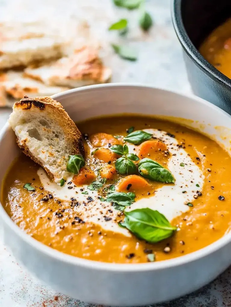 Eine Schüssel mit Kürbissuppe, garniert mit frischem Basilikum, einem Klecks Sahne und einer Scheibe geröstetem Brot im Vordergrund.