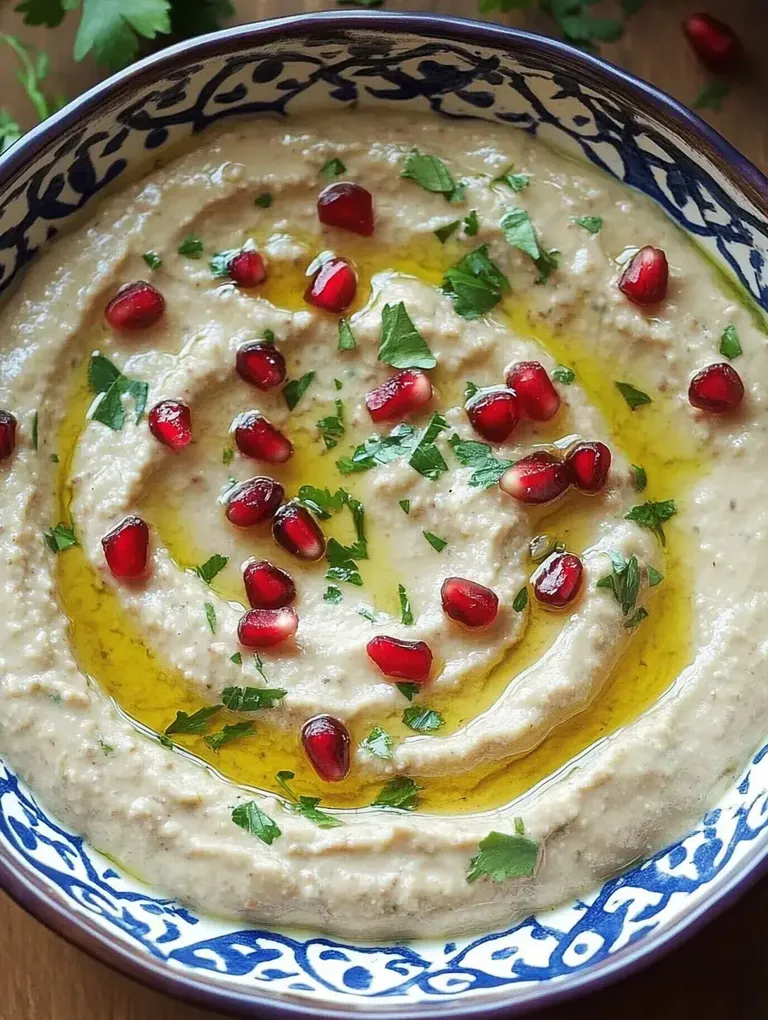 Eine Schale mit Hummus, garniert mit Granatapfelkernen, frischem Koriander und einem Schuss Olivenöl.
