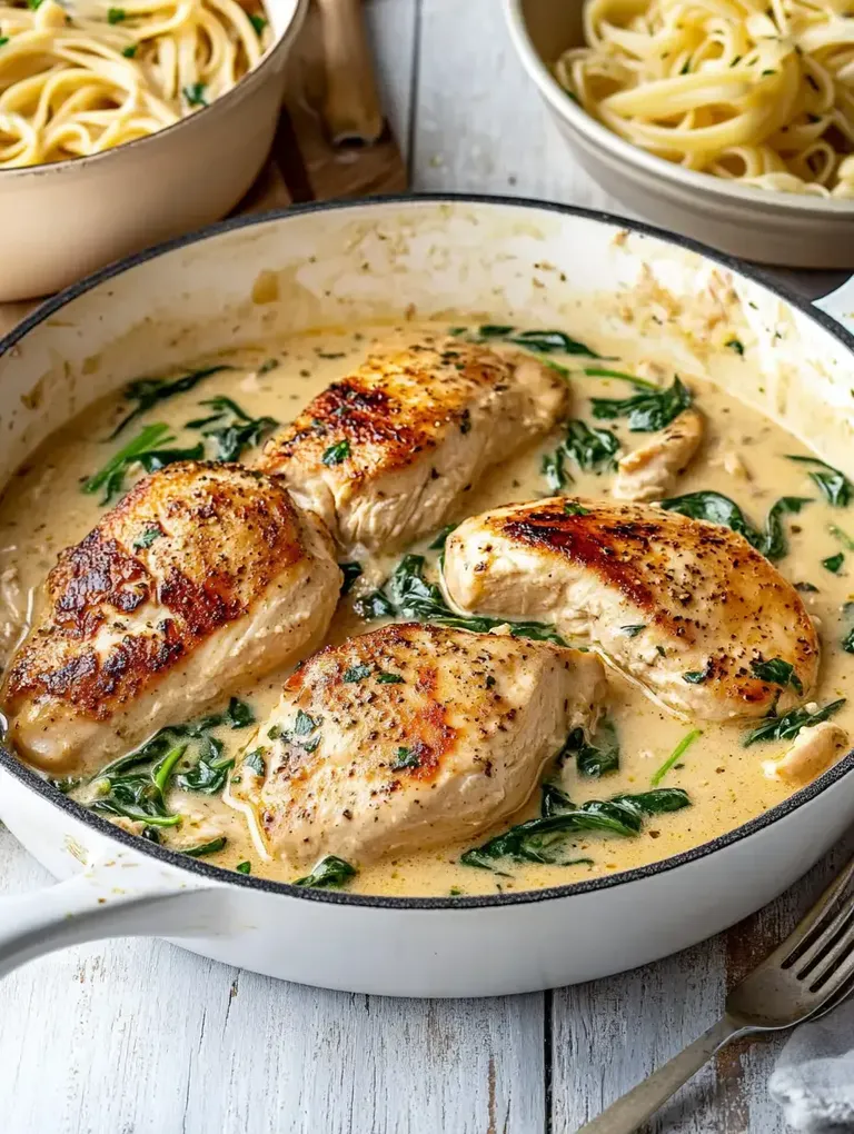 Ein Pfanne mit Hähnchenbrustfilets in einer cremigen Sauce, umgeben von Spinat, sowie zwei Schalen mit Spaghetti im Hintergrund.