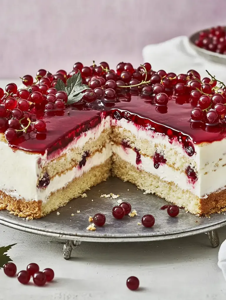 Ein köstlicher Kuchen mit einer Schicht aus Sahne und Johannisbeeren, überzogen mit rotem Gelee und dekoriert mit frischen roten Johannisbeeren.