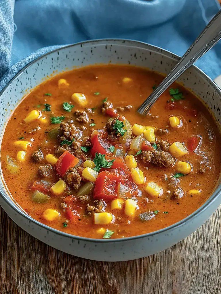 Eine Schüssel mit kräftiger Suppe, gefüllt mit Hackfleisch, Tomaten, Mais und frischen Kräutern.