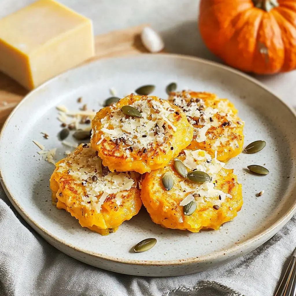 Ein Teller mit pflanzlichen Quinoa-Puffer, garniert mit Kürbiskernen und geriebenem Käse, umgeben von einem kleinen Kürbis und Käsewürfeln.