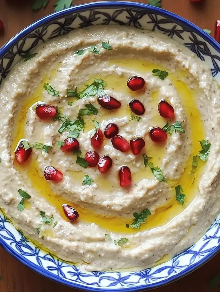 Ein Schüssel Baba Ghanoush, garniert mit Olivenöl, Granatapfelkernen und frischem Koriander.