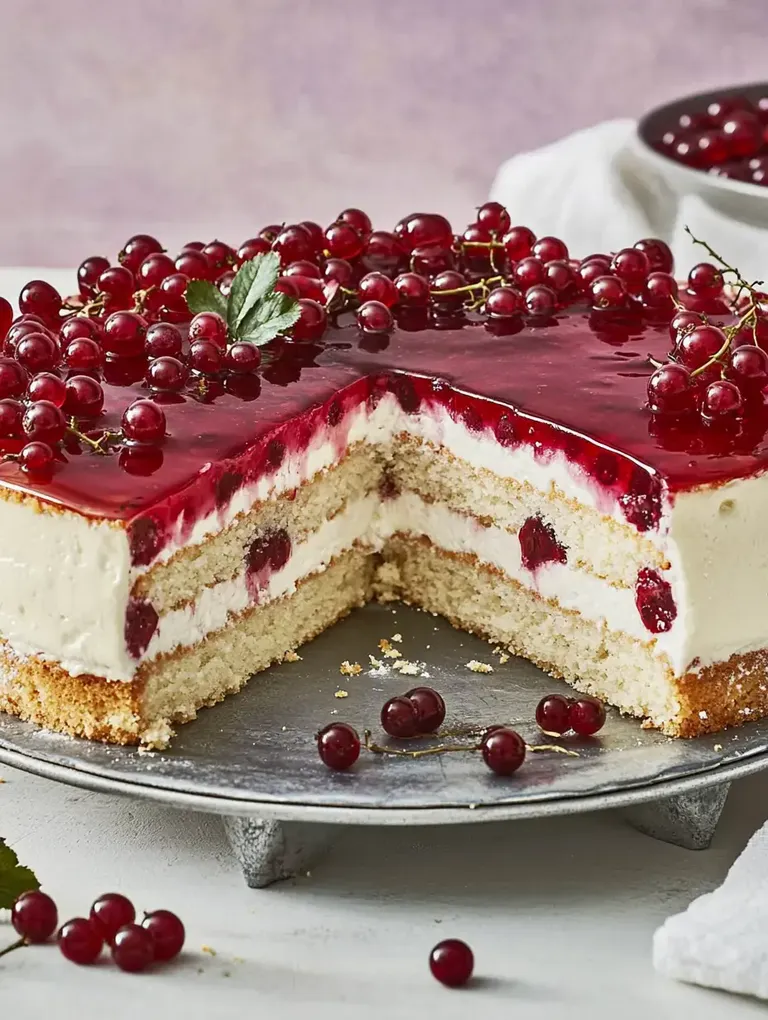 Ein saftiger Kuchen mit rotem Gelee und Johannisbeeren, von dem ein Stück entnommen wurde.