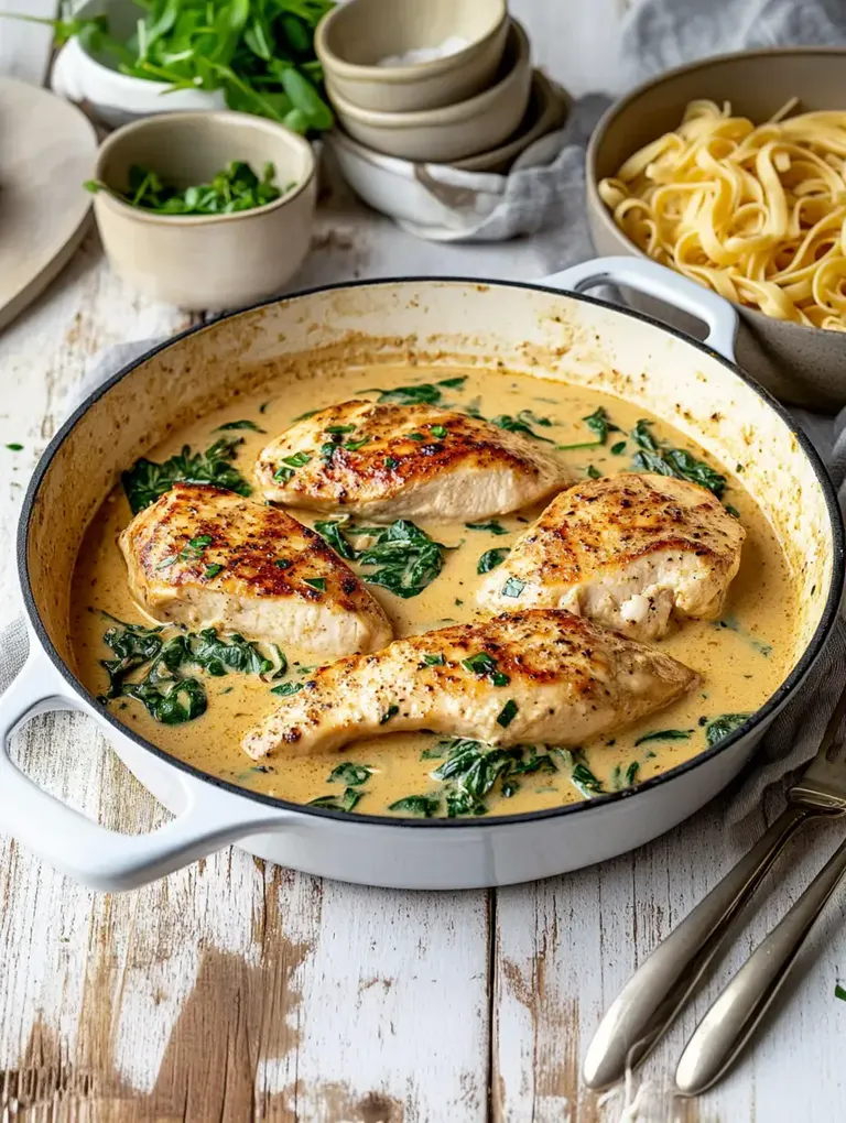 Ein Topf mit gebratenen Hähnchenbrustfilets in einer cremigen Spinatsauce, umgeben von frischem Gemüse und einer Schüssel Pasta.