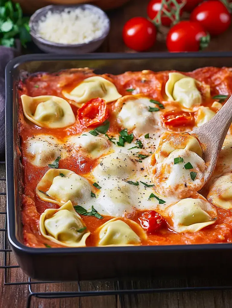 Ein Auflauf mit gefüllten Teigtaschen in tomatensauce, garniert mit frischen Kräutern und Kirschtomaten.