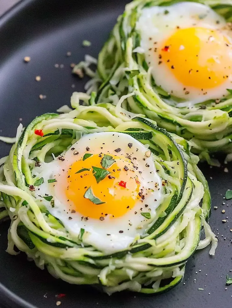Zwei Spaghetti-Nester aus Zucchini mit einem Spiegelei in der Mitte, garniert mit Pfeffer und frischen Kräutern, auf einem schwarzen Teller.