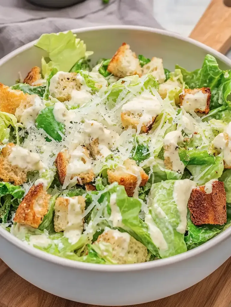 Eine Schüssel Caesar-Salat mit grünen Blattsalaten, croutons und einer cremigen Sauce.