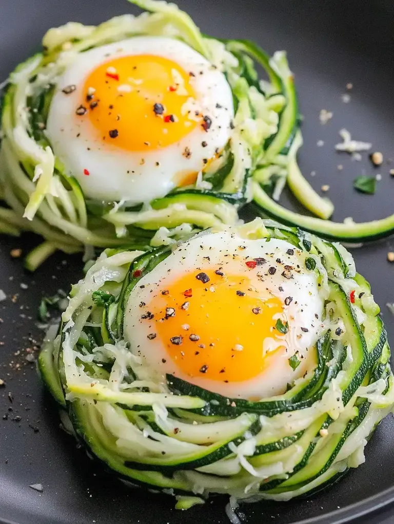 Zwei Eier, gebraten in spiralförmigem Zucchini- und Kohlbett, gewürzt mit Pfeffer und Chiliflocken, befinden sich in einer Pfanne.