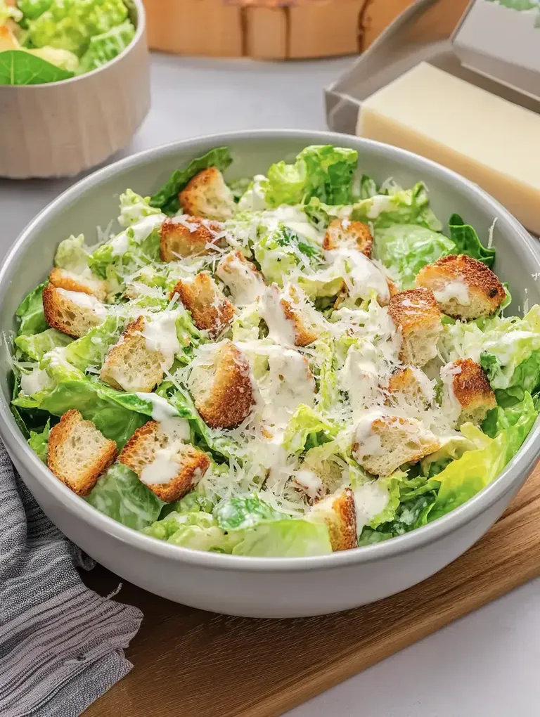 Eine große Schüssel mit Caesar-Salat, die Römersalat, Croutons und eine cremige Dressingschicht enthält.