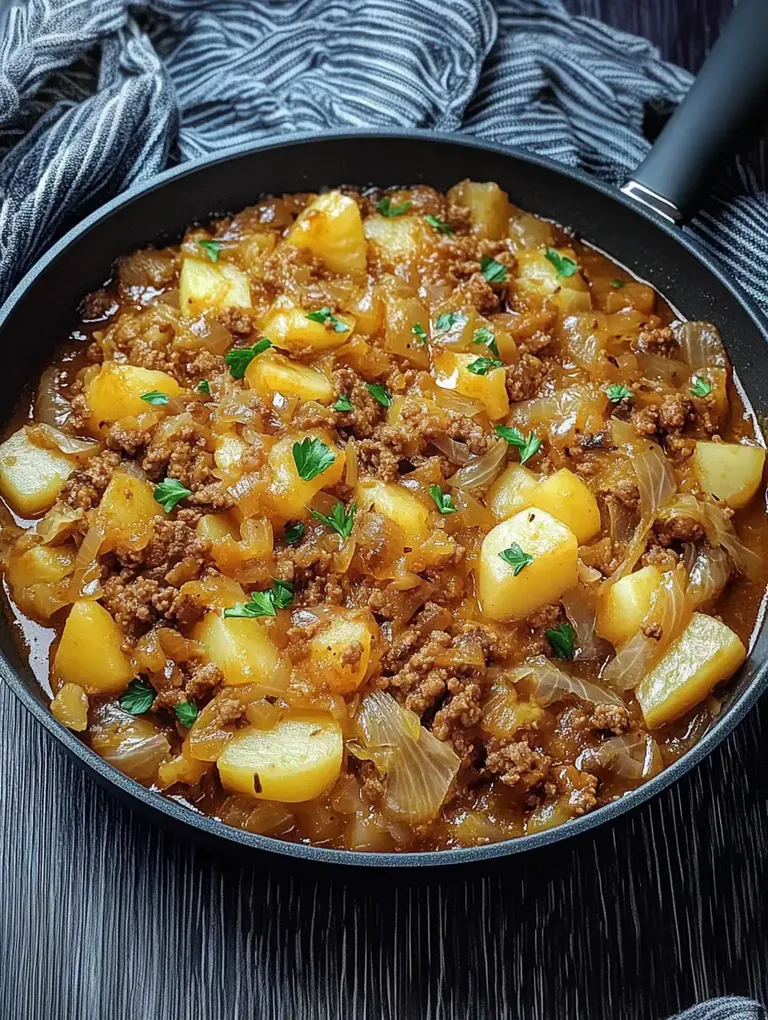 Ein Topf mit einer Mischung aus Hackfleisch, Kartoffeln und Zwiebeln, garniert mit frischer Petersilie.