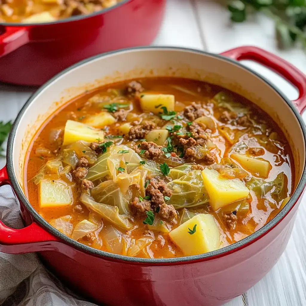 Ein roter Topf enthält ein herzhaftes Gericht mit Kartoffeln, gehacktem Fleisch und Kohl in einer würzigen Sauce.