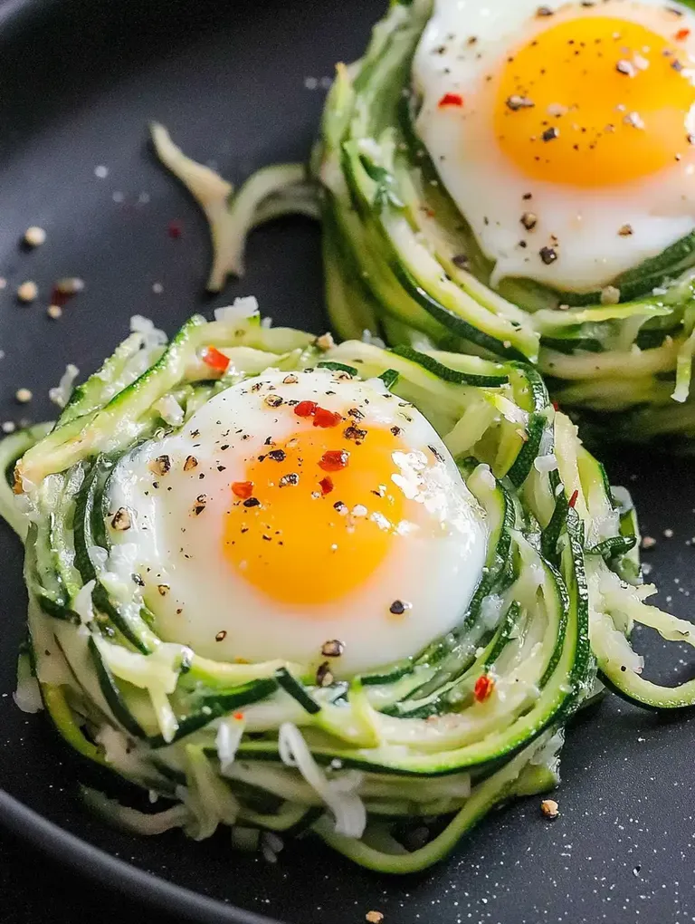 Zwei pochierte Eier liegen auf einem Bett aus spiralförmig geschnittenen Zucchini, gewürzt mit schwarzen Pfeffer und roten Chiliflocken.