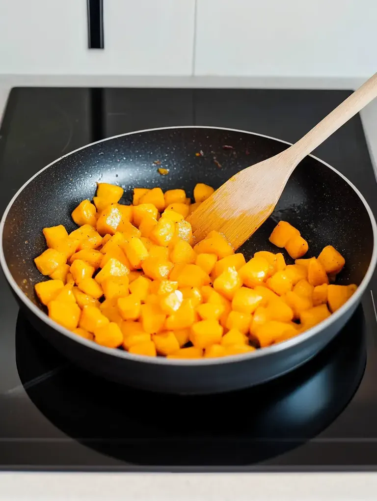 In einer Pfanne werden orangefarbene gewürfelte Kürbisstücke mit einem Holzlöffel angebraten.