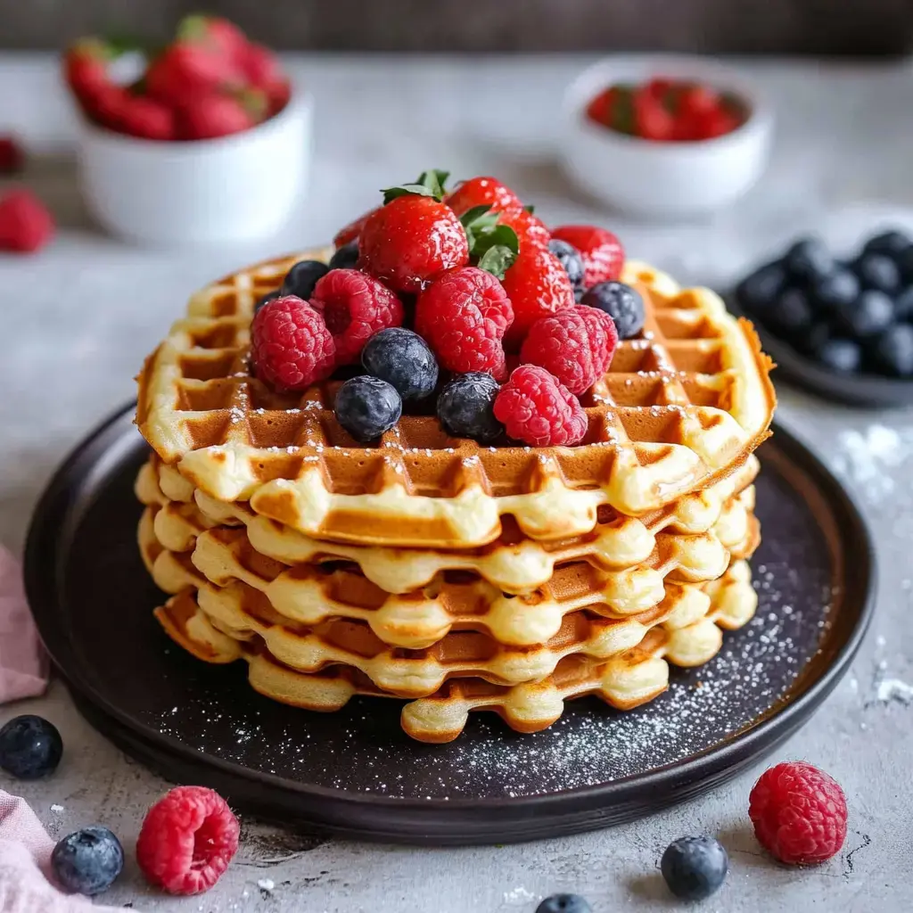 Ein Stapel Waffeln, dekoriert mit frischen Himbeeren und Heidelbeeren, auf einem schwarzen Teller.