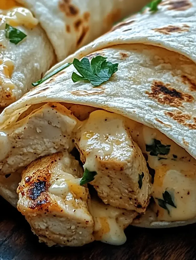 Ein nahes Foto von weich gebratenen Tortillas, gefüllt mit Hähnchenstücken und cremiger Sauce, garniert mit frischer Petersilie.
