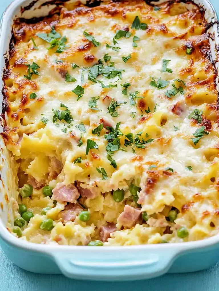 Ein Auflauf aus Pasta mit Schinken, Erbsen und einer goldbraunen Käsekruste, garniert mit frischen Kräutern.