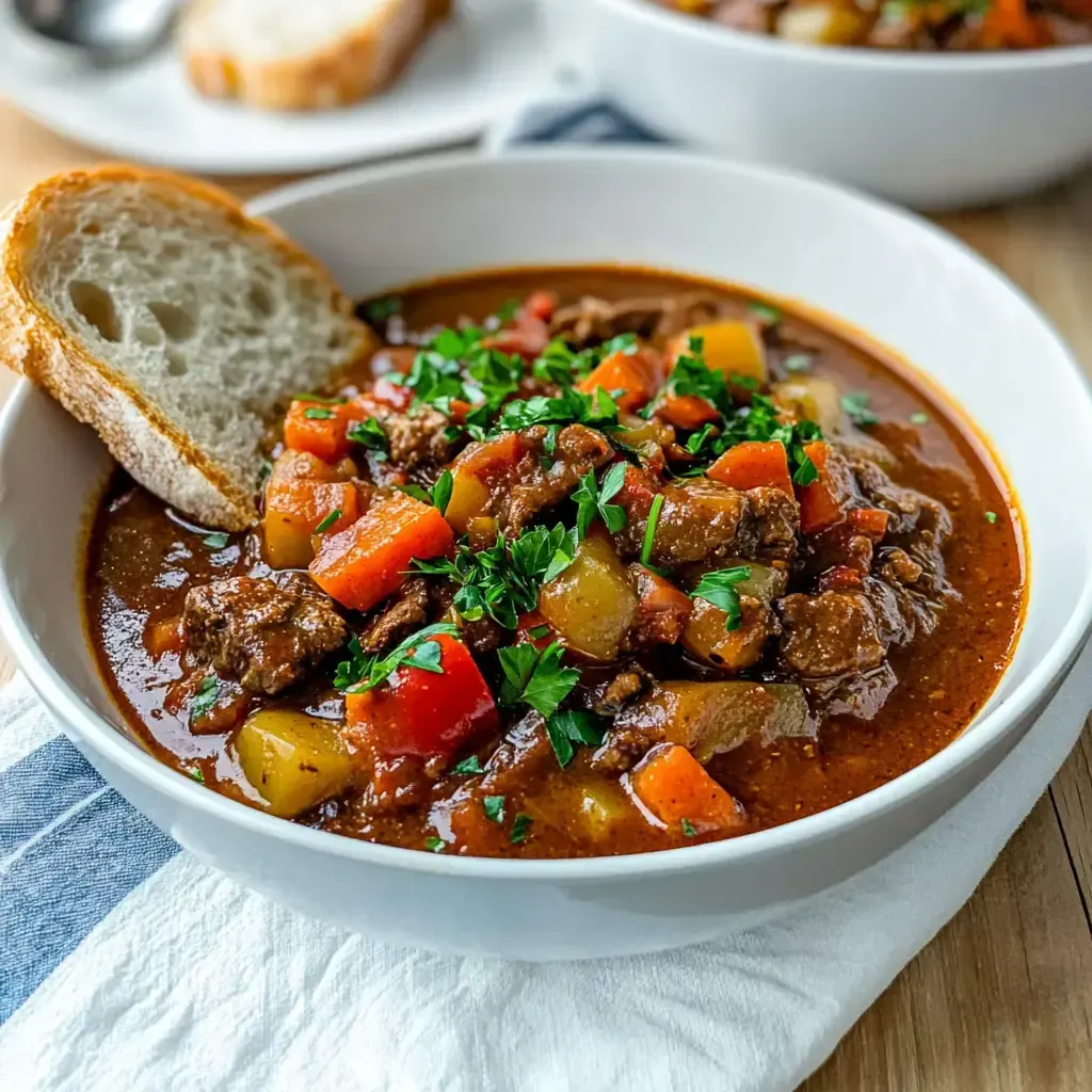 Eine Schüssel mit herzhaftem Eintopf, gefüllt mit Fleisch, verschiedenen Gemüsesorten und frischer Petersilie, wird mit einer Scheibe Brot serviert.