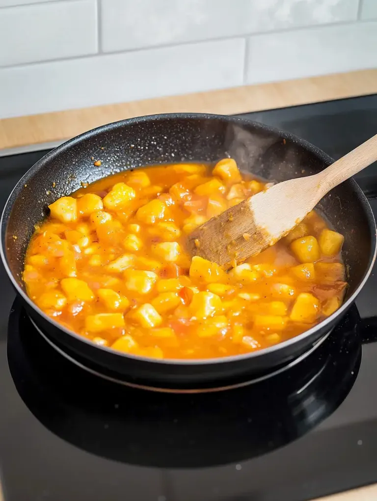 In einer Pfanne köcheln Gnocchi in einer würzigen Tomatensoße, während sie mit einem Holzlöffel umgerührt werden.
