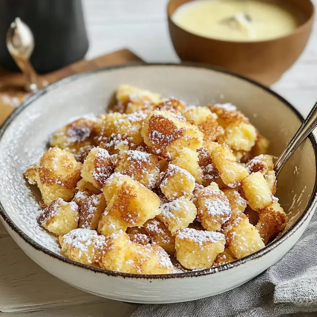 Ein Teller mit goldbraunem, zuckergestoßenem Kaiserschmarrn, serviert mit einer Schale Vanillesauce im Hintergrund.