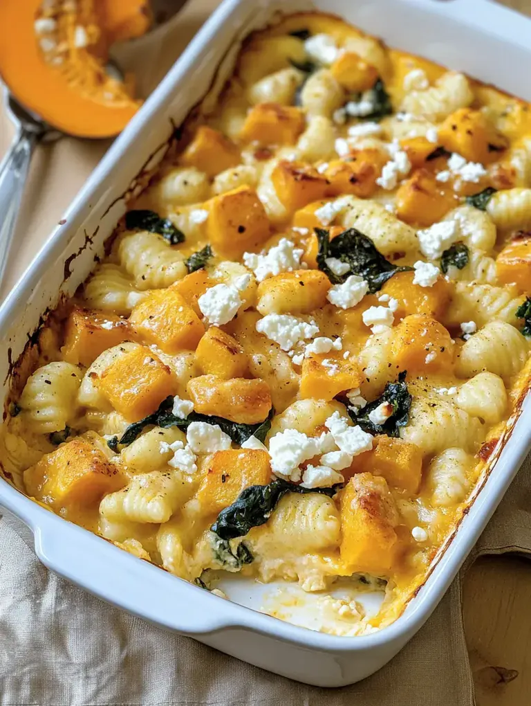 Ein Auflauf mit Gnocchi, Kürbis, Spinat und Feta-Käse in einer weißen Auflaufform.