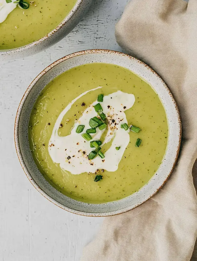 Eine Schüssel grüne Suppe mit einem Klecks saurer Sahne und frischen Schnittlauchstückchen, serviert auf einem hellen Untergrund.