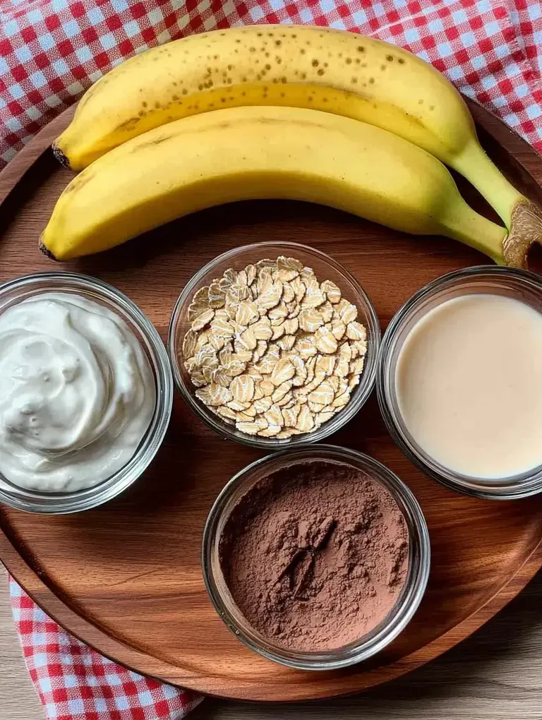 Eine Auswahl von Zutaten: zwei Bananen, Haferflocken, Joghurt, Kakaopulver und eine Flüssigkeit auf einem Holzbrett, begleitet von einem karierten Tuch.
