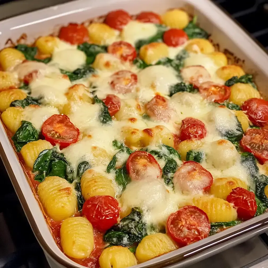 Ein Auflauf aus Gnocchi, Spinat und Kirschtomaten, überbacken mit Käse.