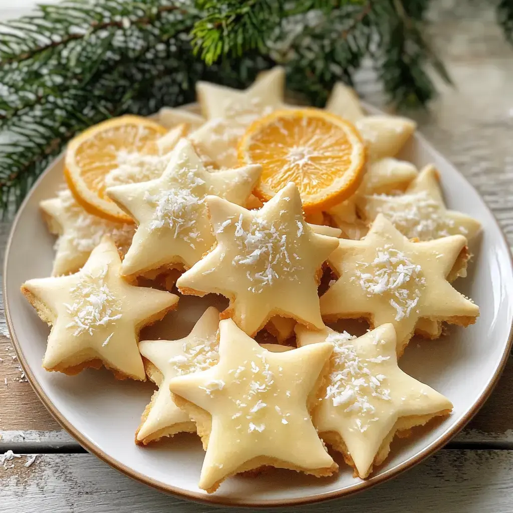 Ein Teller mit sternförmigen Keksen, die mit Zuckerguss und Kokosraspeln verziert sind, umgeben von getrockneten Orangenscheiben und Tannenzweigen.