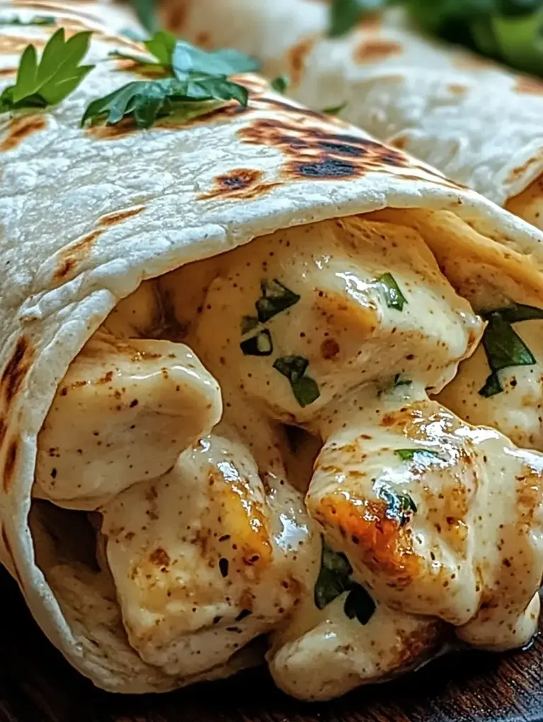 Ein naher Ausschnitt von einem Weizentortilla, gefüllt mit würfeligem Hähnchen und frischen Kräutern.