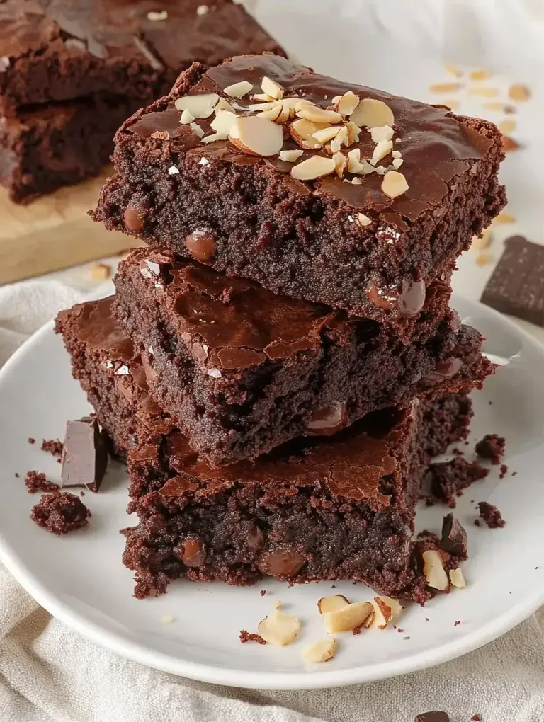 Ein Teller mit mehreren Schokoladenbrownies, die mit gehobelten Mandeln und Schokoladenstückchen garniert sind.