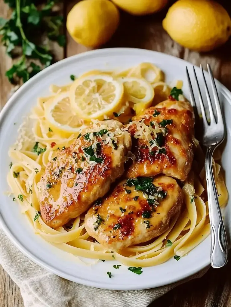 Ein Teller mit Pasta, zarten Hähnchenbrustfilets in Zitronensoße, garniert mit frischer Petersilie und Zitronenscheiben.