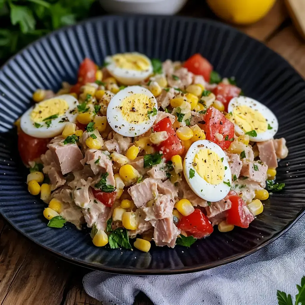 Ein Teller mit einem bunten Salat aus Thunfisch, gekochten Eiern, Mais, Tomaten und frischer Petersilie.