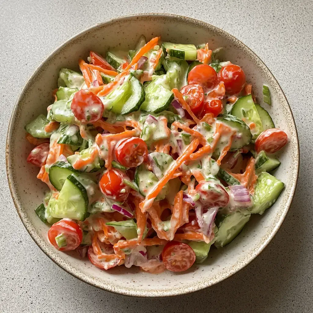 Ein Teller mit frischem Salat, bestehend aus Gurken, Kirsch-Tomaten, geriebenen Karotten und Zwiebeln, angerichtet mit einer cremigen Dressing.