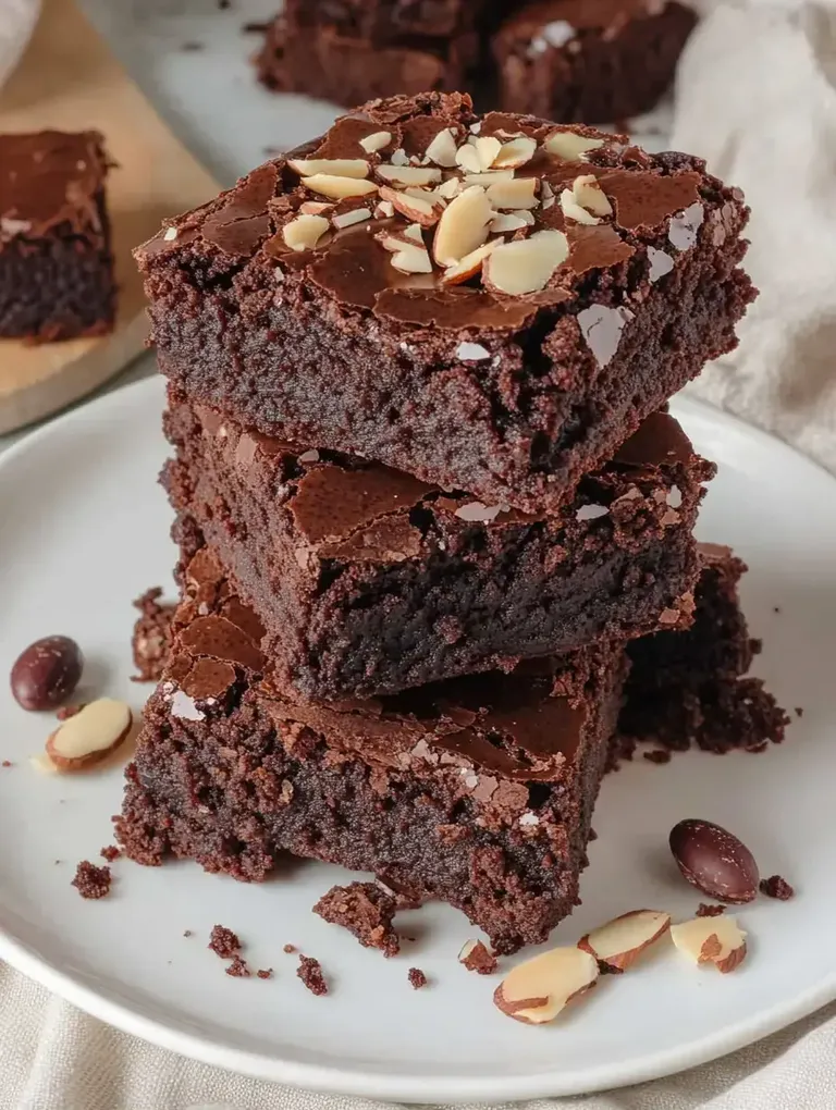 Drei üppige Schokoladenbrownies, garniert mit Mandelsplittern, auf einem weißen Teller.