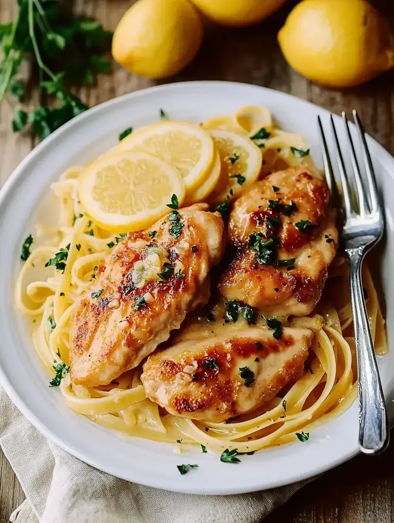 Ein Teller mit gebratenem Hähnchenfilet auf Spaghetti, garniert mit Zitronenscheiben und frischen Kräutern.