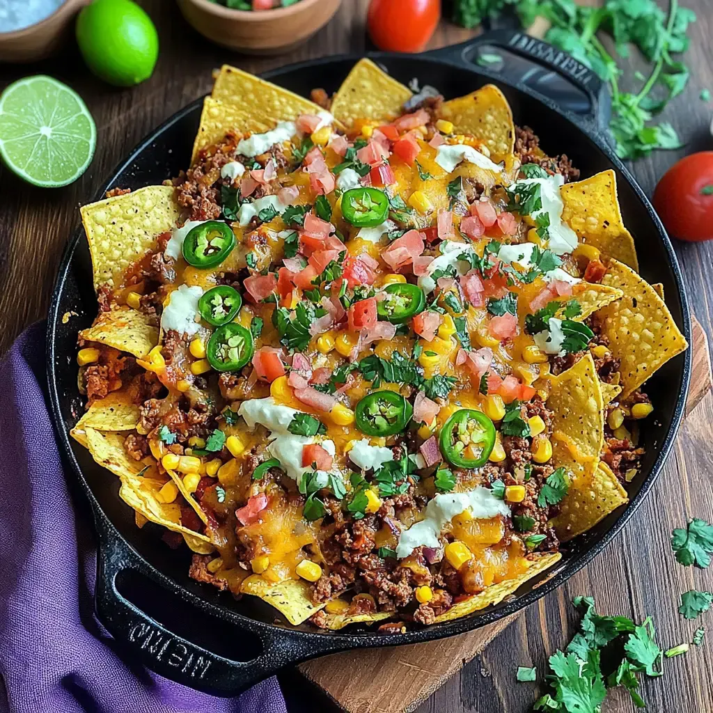 Ein Pfannengericht mit Nachos, belegt mit Hackfleisch, Käse, frischen Tomaten, Jalapeños, Mais und Koriander.
