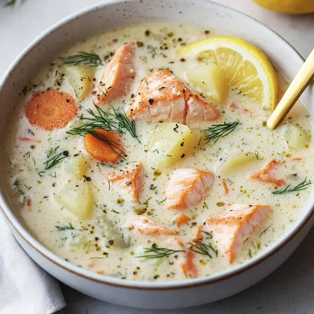Eine Schüssel mit cremiger lachsgefüllter Suppe, garniert mit Dill und Zitronenscheiben.