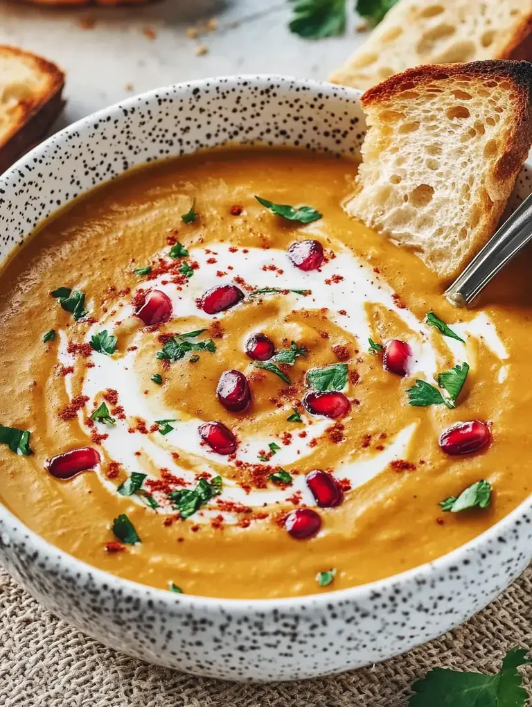 Eine Schüssel mit cremiger Kürbissuppe, dekoriert mit Sahne, Granatapfelkernen und frischen Kräutern, neben geröstetem Brot.