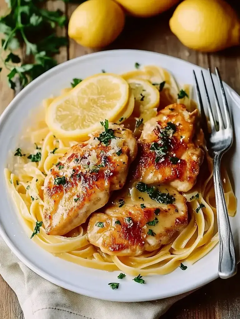 Ein Gericht mit gebratenem Hähnchenbrustfilet auf einem Bett aus Spaghetti, garniert mit Zitronenscheiben und frischen Kräutern.