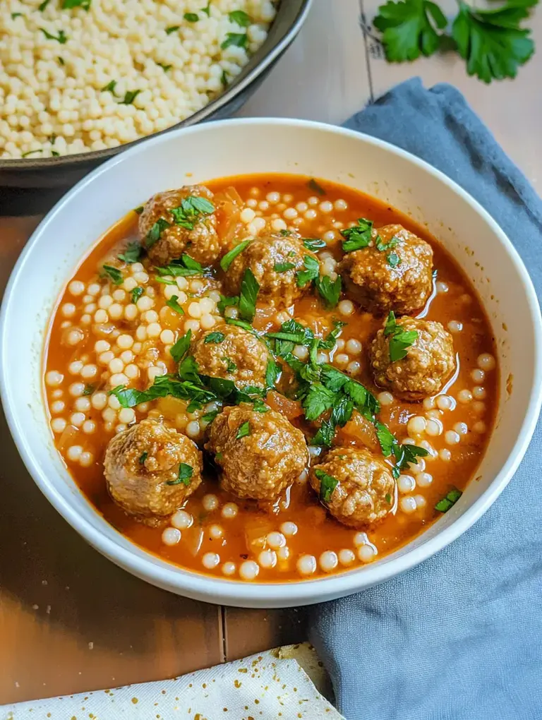 Eine Schüssel mit Fleischbällchen in tomatiger Brühe, serviert mit kleinen Couscous-Kügelchen und garniert mit frischer Petersilie.