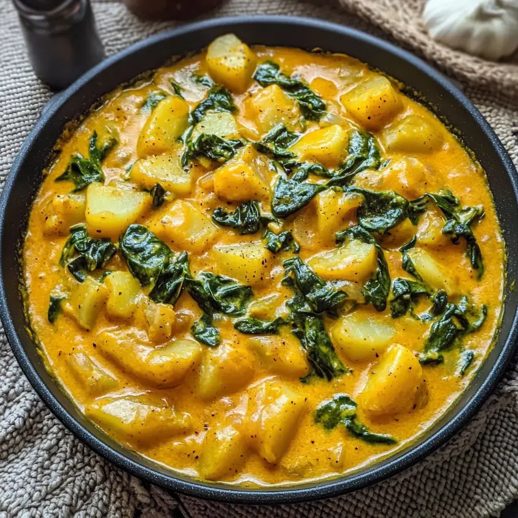 Ein Topf mit Kartoffeln und Spinat in einer cremigen, orangefarbenen Sauce.