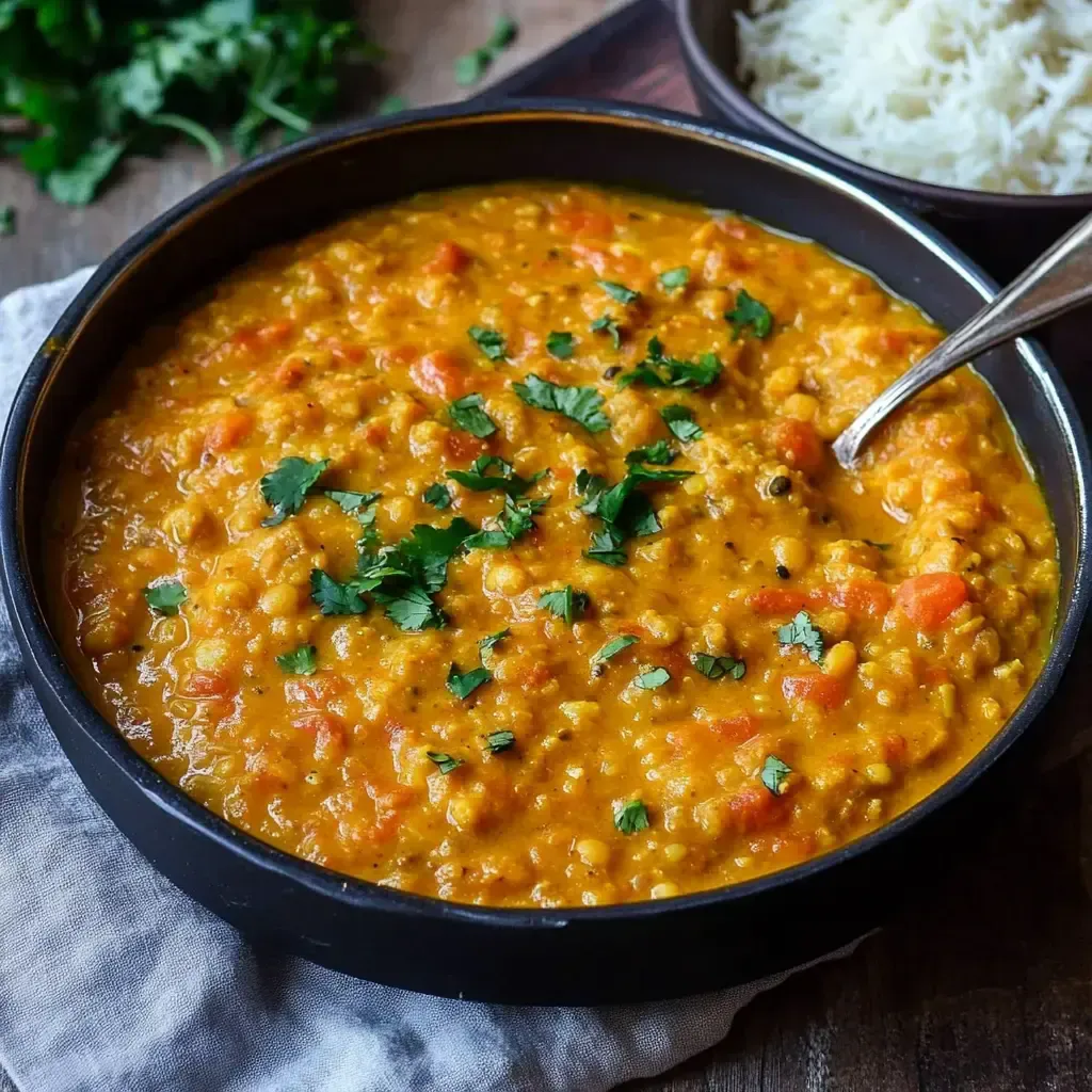 Eine Schüssel mit einer bunten Linsen-Curry-Mischung, garniert mit frischem Koriander, daneben eine Portion Reis.